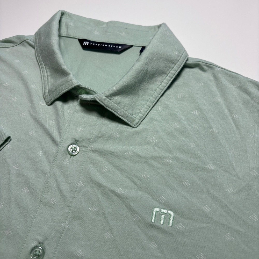 TravisMathew Button Up Golf Shirt Men L Light Green Geometric Print Short Sleeve - Picture 4 of 9
